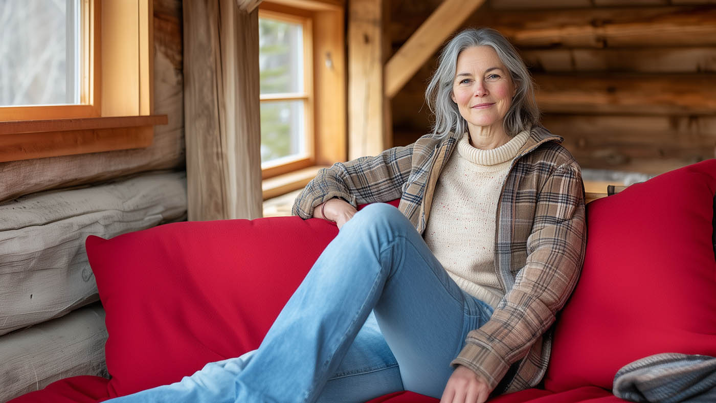 Eine Frau sitzt auf einem Sofa in einem Chalet
